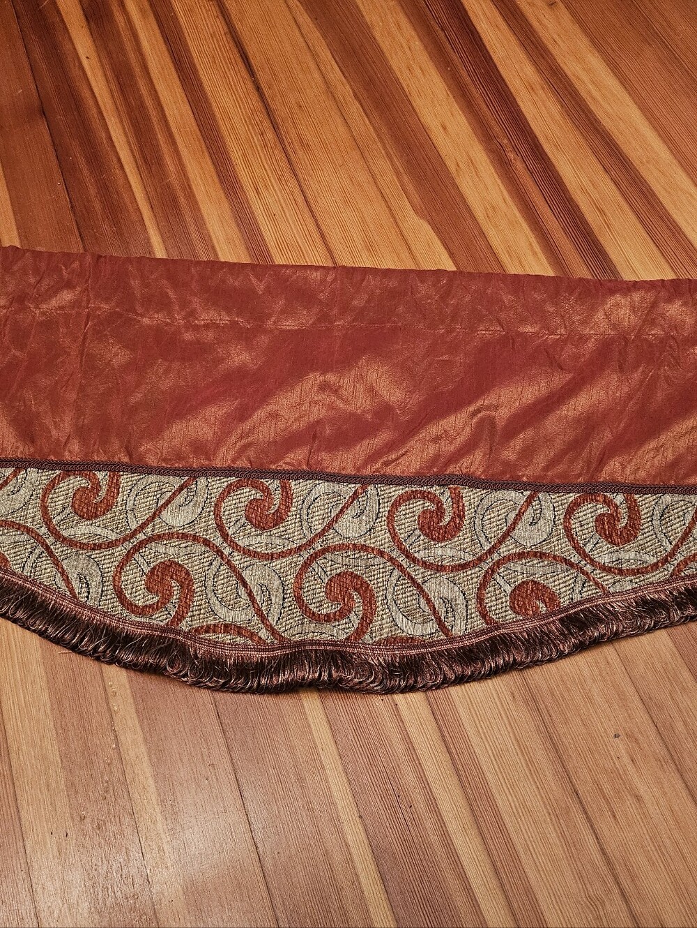 Rust Orange Valance- Patterned Brocade Border W Fringe